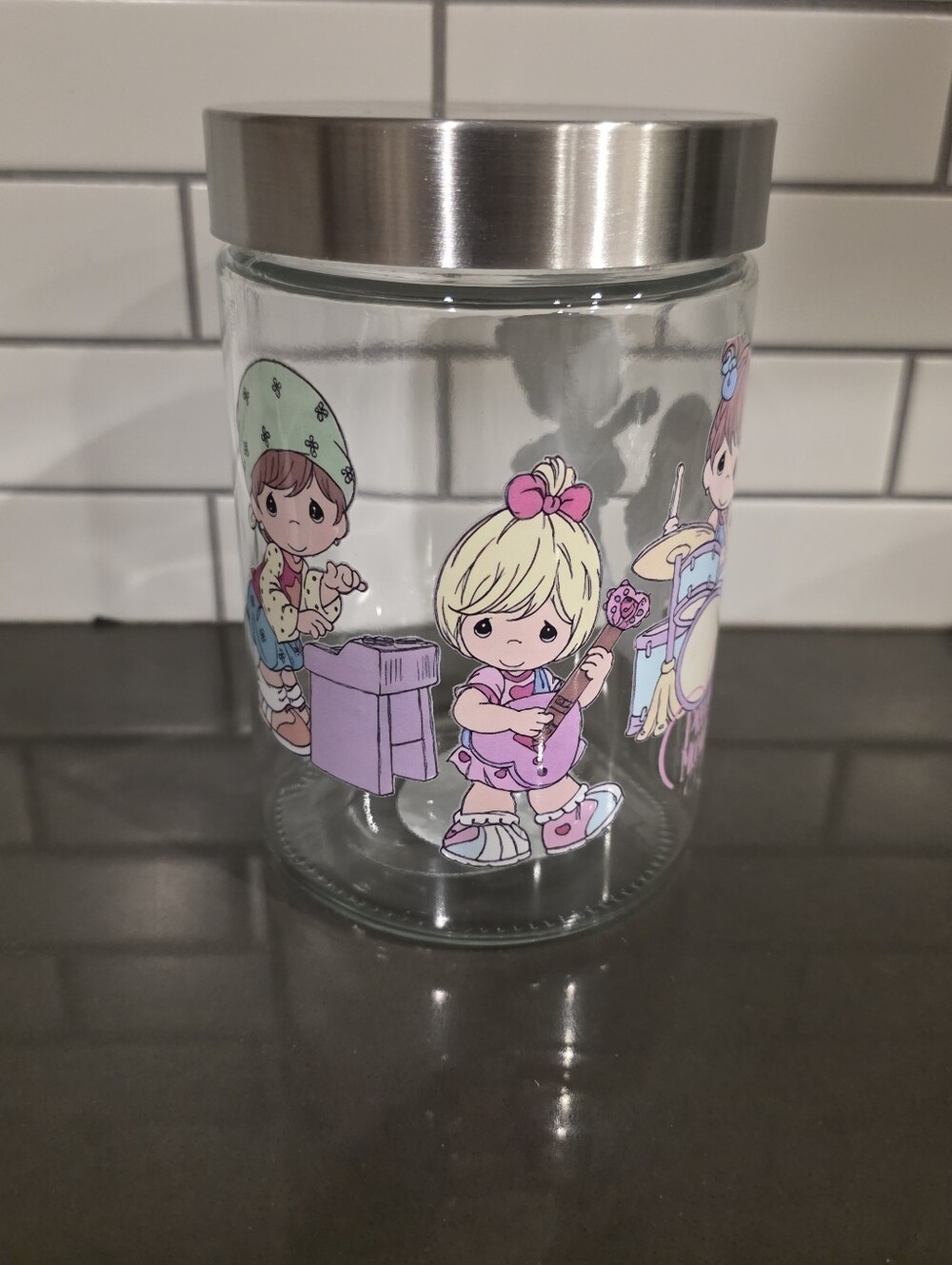Precious Moments Glass Storage Jar with Cute Pastel Band Kids Design